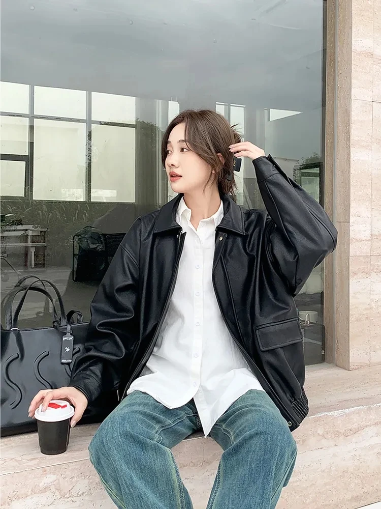 Spring and Autumn New Black Leather Jacket Women's Autumn Korean Edition Fashion Trend High Motorcycle Leather Jacket Trendy