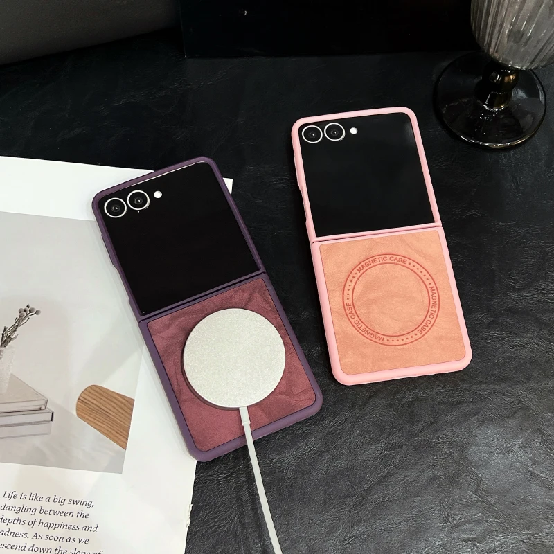 For Magsafe Magnetic Wireless Charging Luxury Solid Color Leather Bumper Folding Phone Case For Samsung Galaxy Z Flip 7 6 5 4 3
