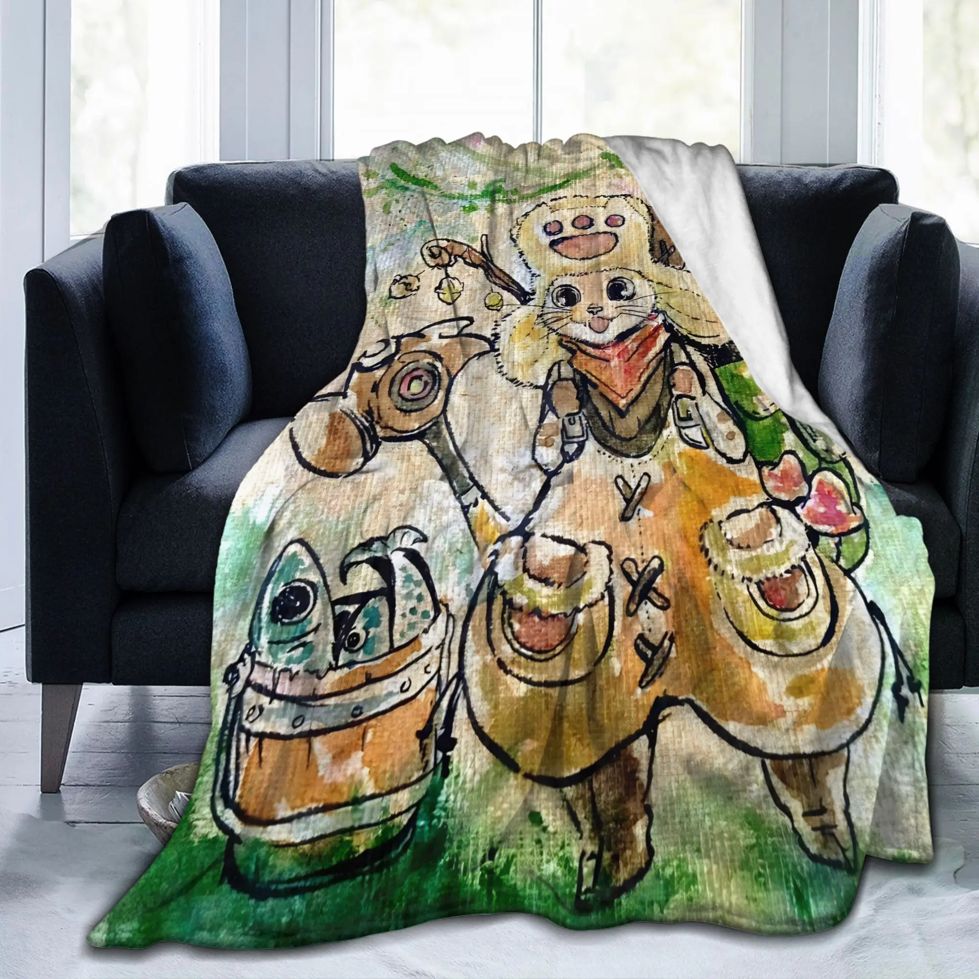 Monster Hunter Wilds Felyne Fleece Blanket Video Game Vintage Throw Blankets for Sofa Bedding Lounge 200x150cm Lightweight