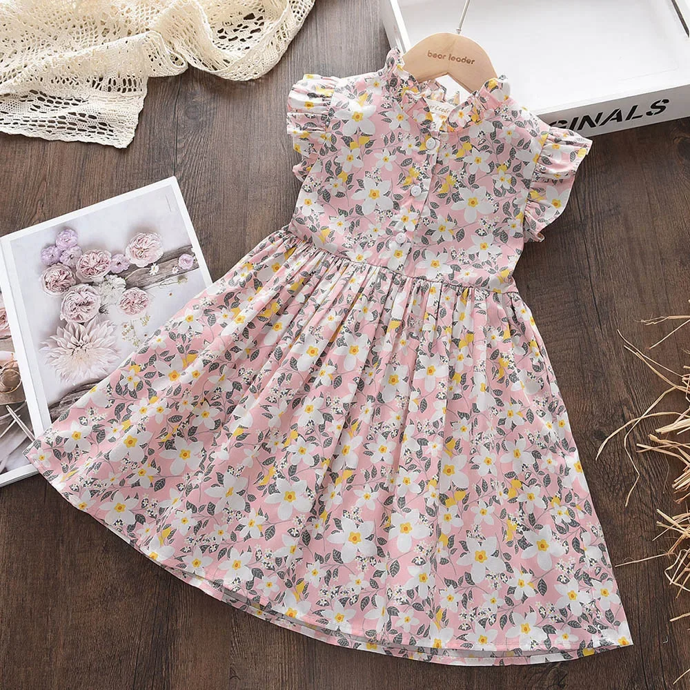 Summer New Baby Girls Flower Dresses Fahion Style Flying Sleeves Floral Dress 2-6 Years Kids Casual Clothes Outfits