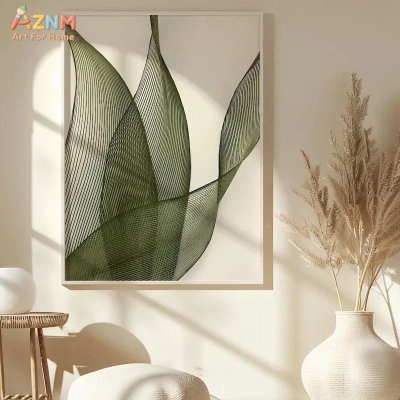 AZNM Minimalist Green Line Abstract Canvas Print, Wavy Curve Geometric Art Unframed Canvas Painting, Modern Neutral Home Wall Ar