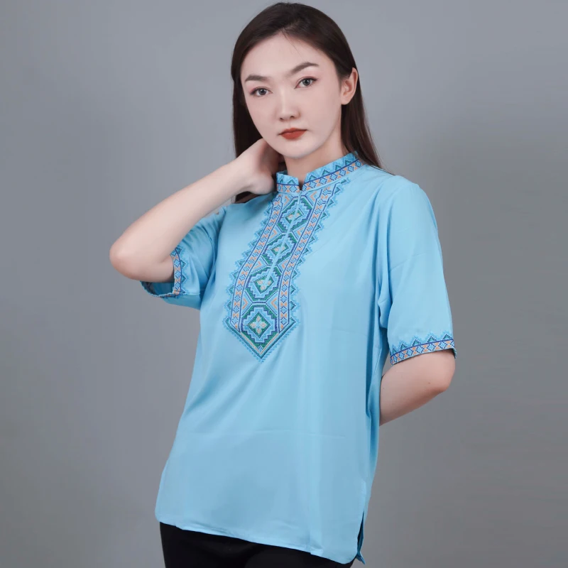 Chinese Xinjiang Uyghur Ethnic Traditional Embroidery Tops for Women Men Summer Stand Collar Tees T-Shirts Vintage Tshirt