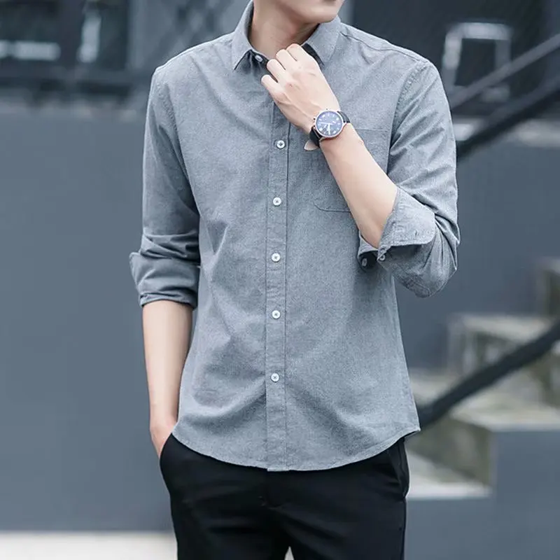 

Long Sleeve Oxford Cloth Men's Shirt Youth Style Pure Color Sharp Collar Anti-Uv Treatment Summer Fashion Slim Fit Button Detail