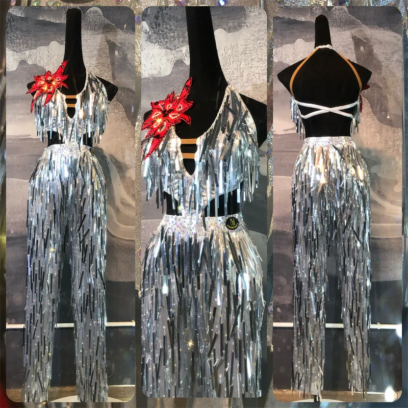 

Латинские танцы AB Stone Женский взрослый детский элитный индивидуальный комбинезон с серебряными блестками и кисточками Черное платье для выступлений в бассейне и самбе