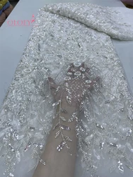 2024 Latest Hot Sale Fashion Africa Lace Fabric High Quality Handmade Embroidery Lace With Beads Sequins Party For Wedding Dress