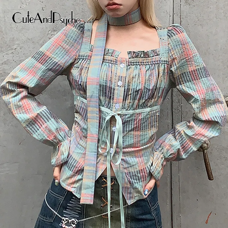 

Cuteandpsycho Casual Plaid Lace-up Tshirts Chic Square Collar Slim Tops Vintage Aesthetic Fashion Clothes with Y2K Neckerchief