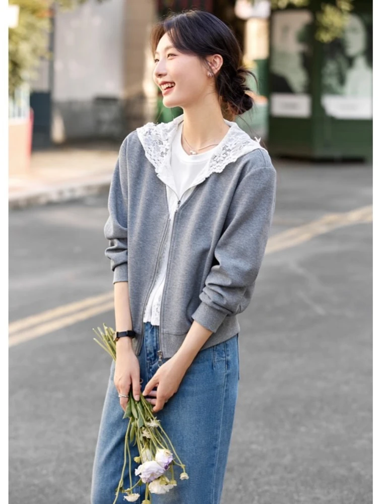 VIMLY Grigio Pizzo Con Cappuccio Patchwork 2 in 1 Giubbotti Sportivo Donna Autunno 2025 Elegante Manica Lunga Cerniera Lavorato A Maglia Cappotti da Donna A2178