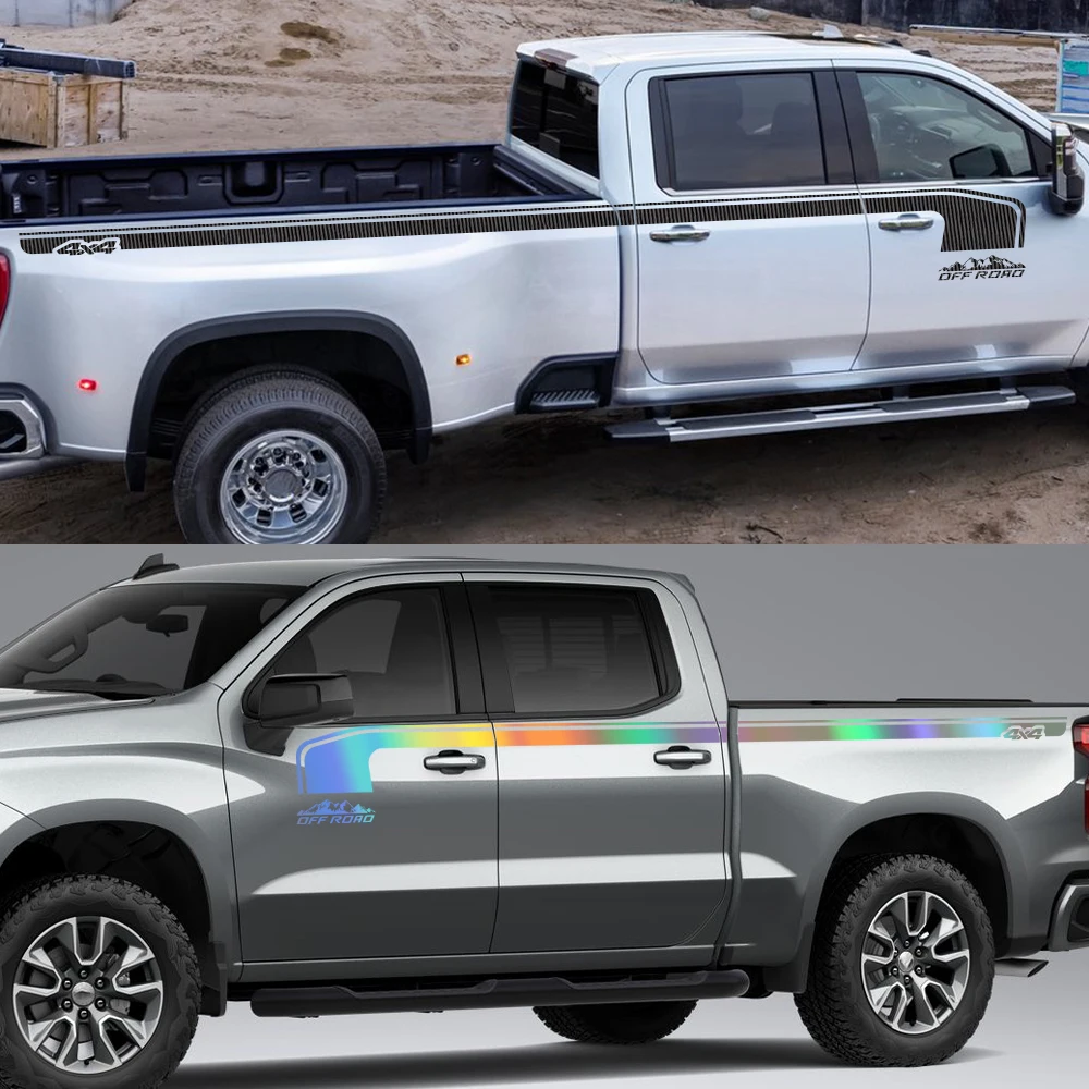 2Pcs PVC 4X4 Off‑Road Side Door Bed Stripe Decal for Chevrolet Silverado GMT1T1 Crew Cab Self‑Adhesive Pickup Graphic Sticker
