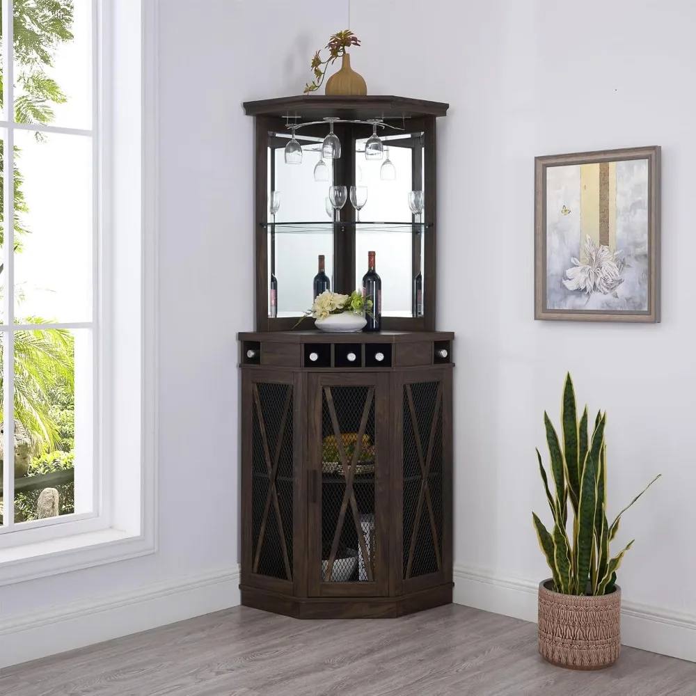 

73" Tall Corner Bar Unit Reclaimed Barnwood Wine Cabinet with Storage, Lower Mesh Doors, Upper Liquor Shelf galss Ho