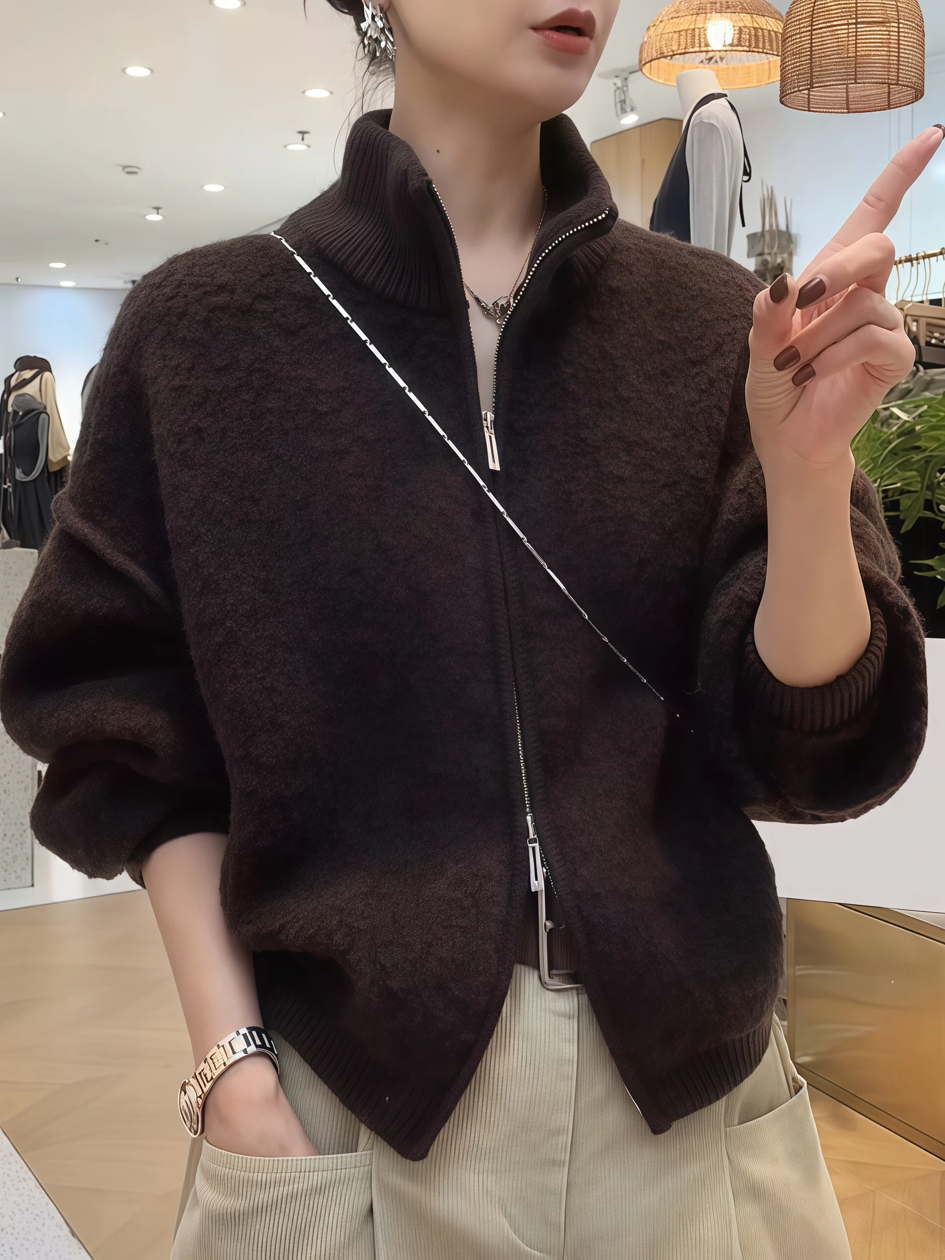 

Korean Sle Stand Collar Double Zipper Particle Fce Jaet Women's Autumn Winter Thiened ort Size Small Top