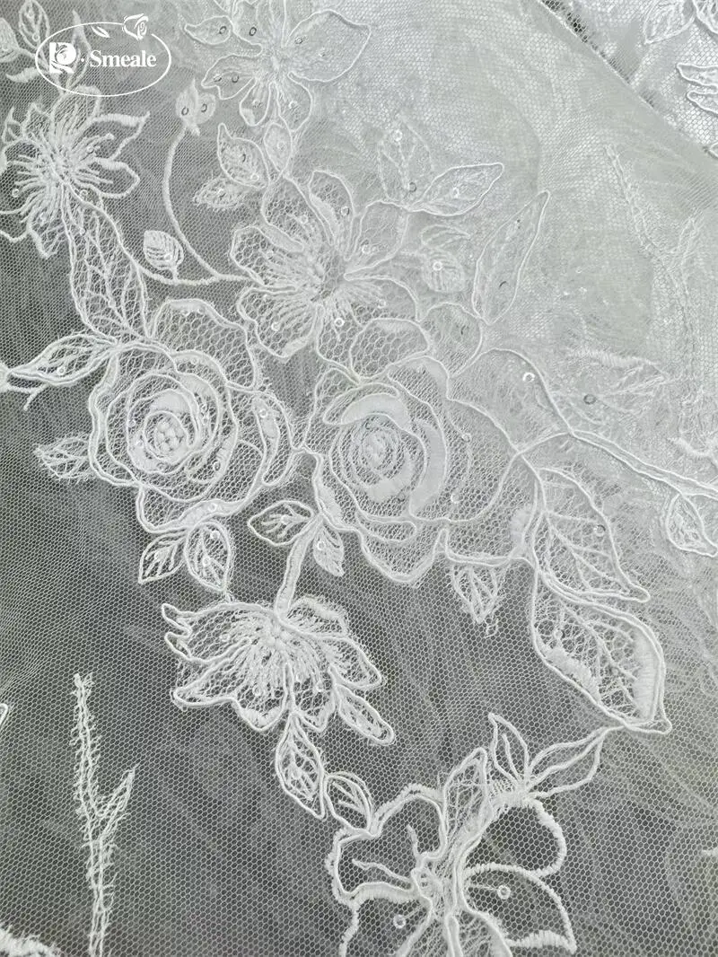 SMEALE Weißer Spitzenstoff Luxuriöses Abendkleid Französische Spitze Braut-Hochzeitsstoff. Stoffe zum Nähen – Detail 5