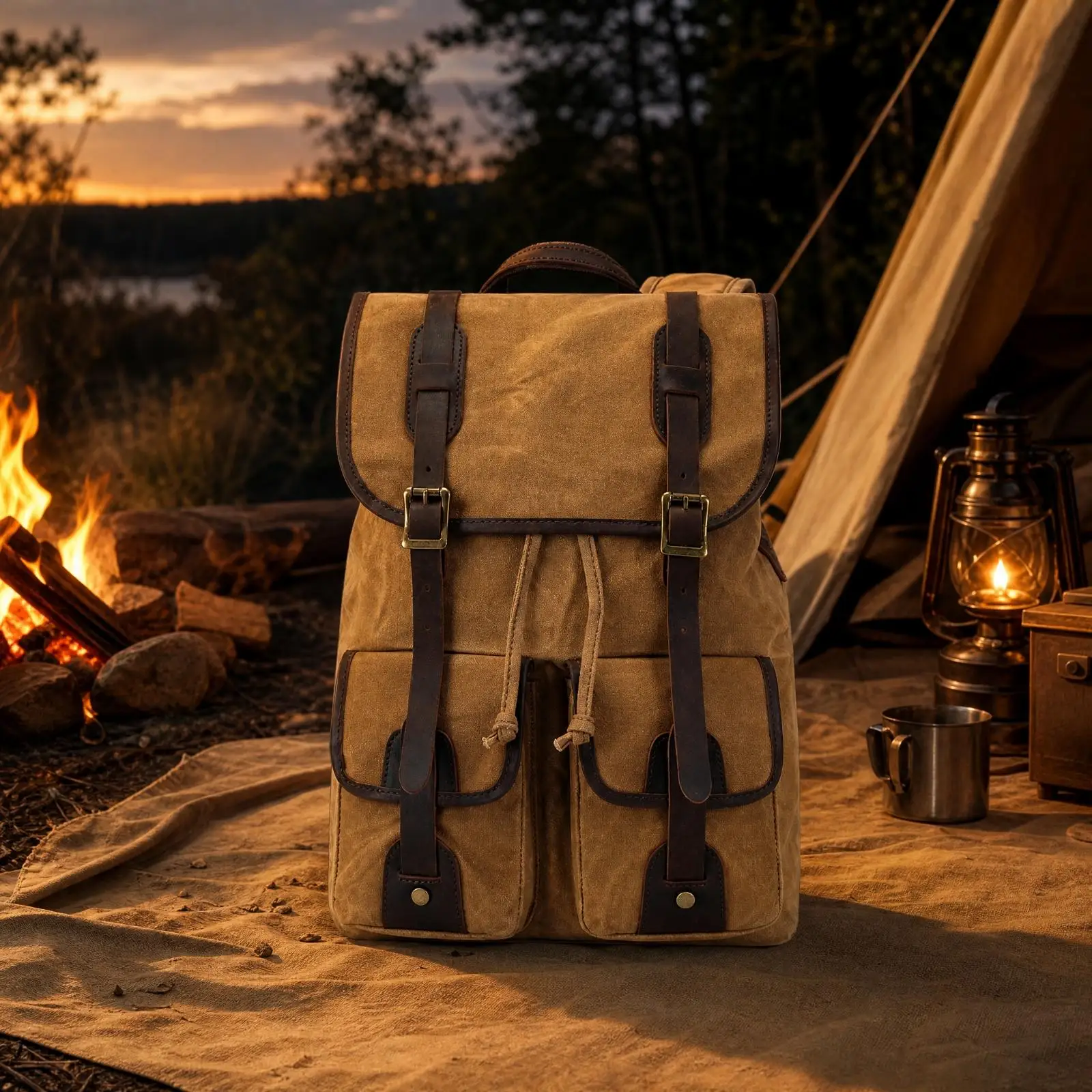 Multifunctional Waxed Canvas Rucksack for Weekend Trips Sports Backpack with Top Layer Cowhide Trim and Spacious Main Pocket
