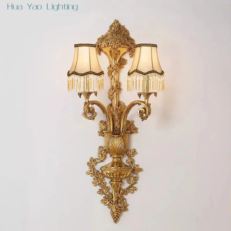 French Style All-Copper Large Wall Lamp European Retro Luxurious Elegant Living Room Corridor Aisle Staircase Double-Headed