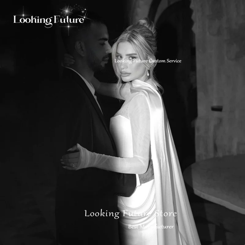 Vestido de novia de satén de sirena sencillo, tul, mangas largas, elegante, cuello alto, Formal, plisado, largo hasta el suelo, personalizado, 2025