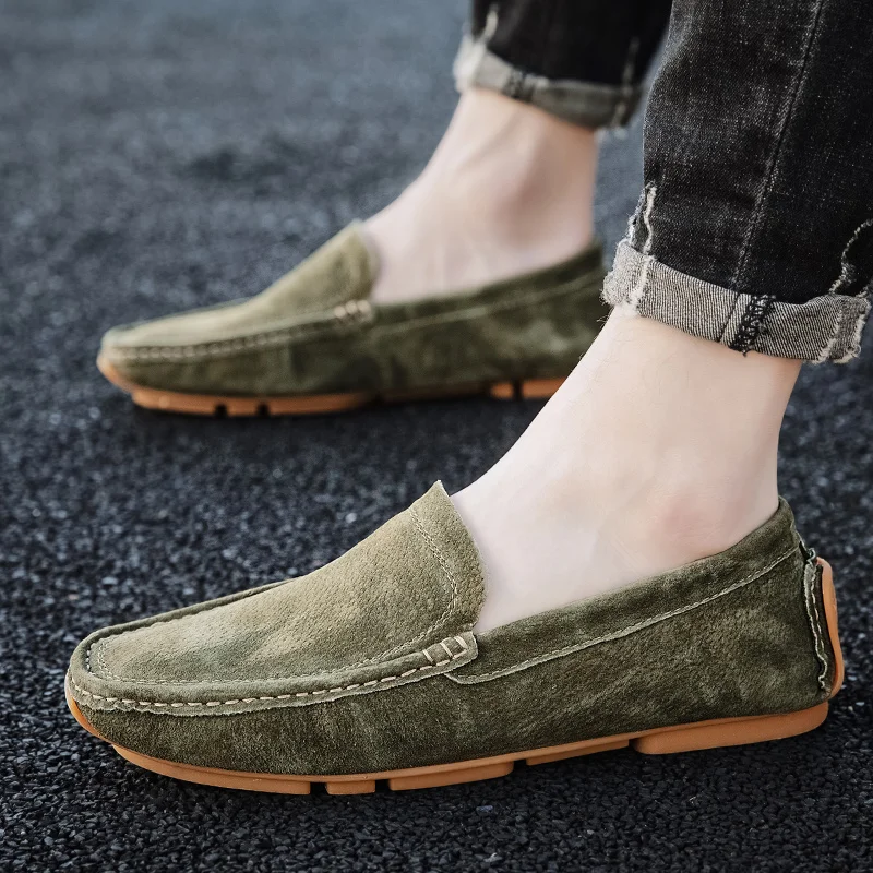 New Genuine Suede Leather Handmade Loafers Mens Dress Boat Casual Footwear Driving Slip on Winter Summer Peas Male Shoes For Men