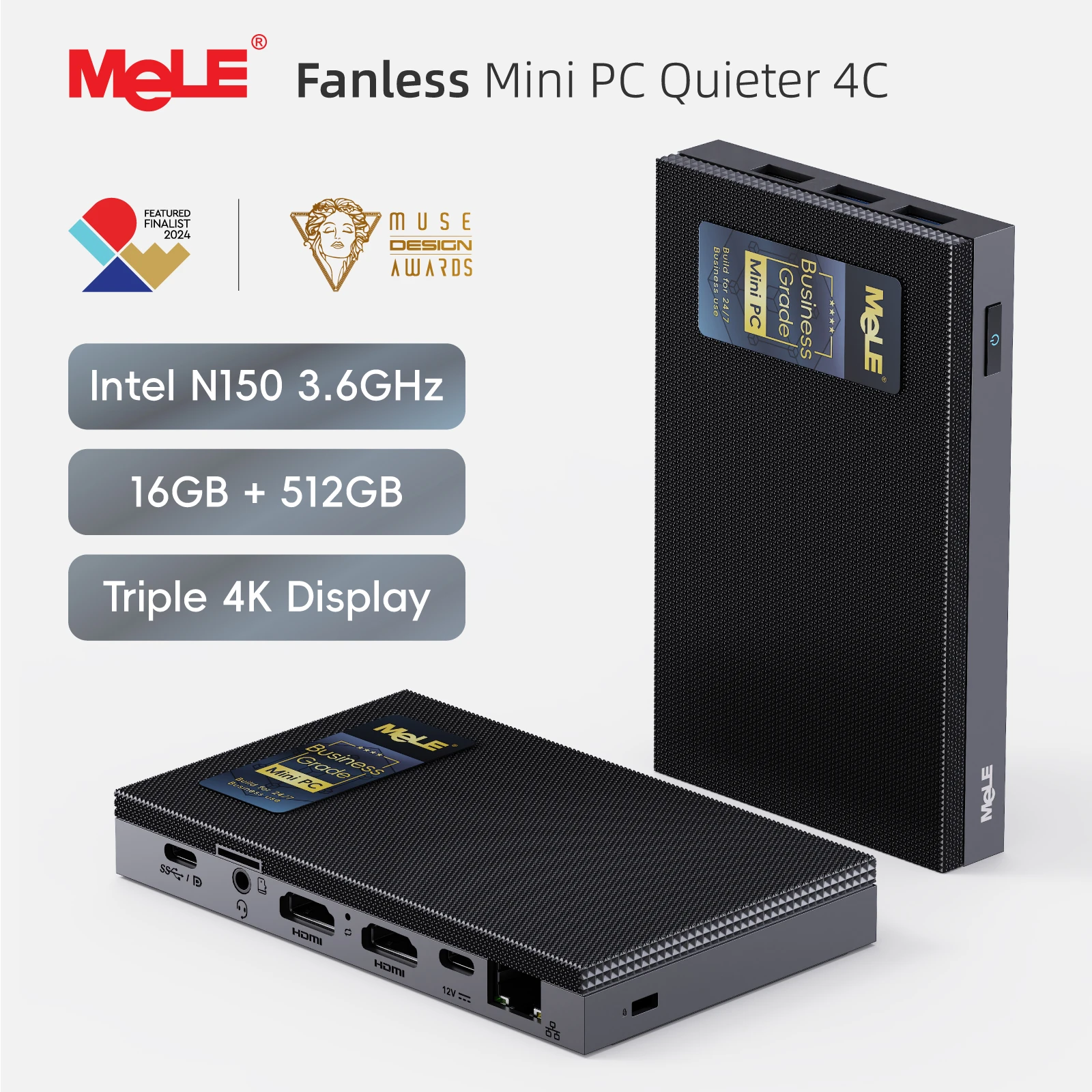 MeLE Quieter 4C Fanless Mini PC N150 8GB 128GB USB-C Dual HDMI 4K@60 Triple Display 0dB Silent Micro Computer Gamer BIZ/SE Grade