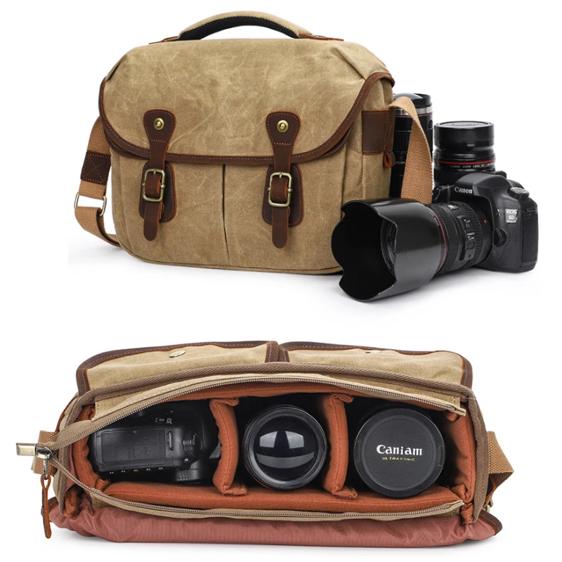 

Canvas DSLR Camera Bag Retro Messenger Bag Waterproof Oil Waxed Canvas Shoulder Bag for Camera Nikon Sony Canon Fujifilm
