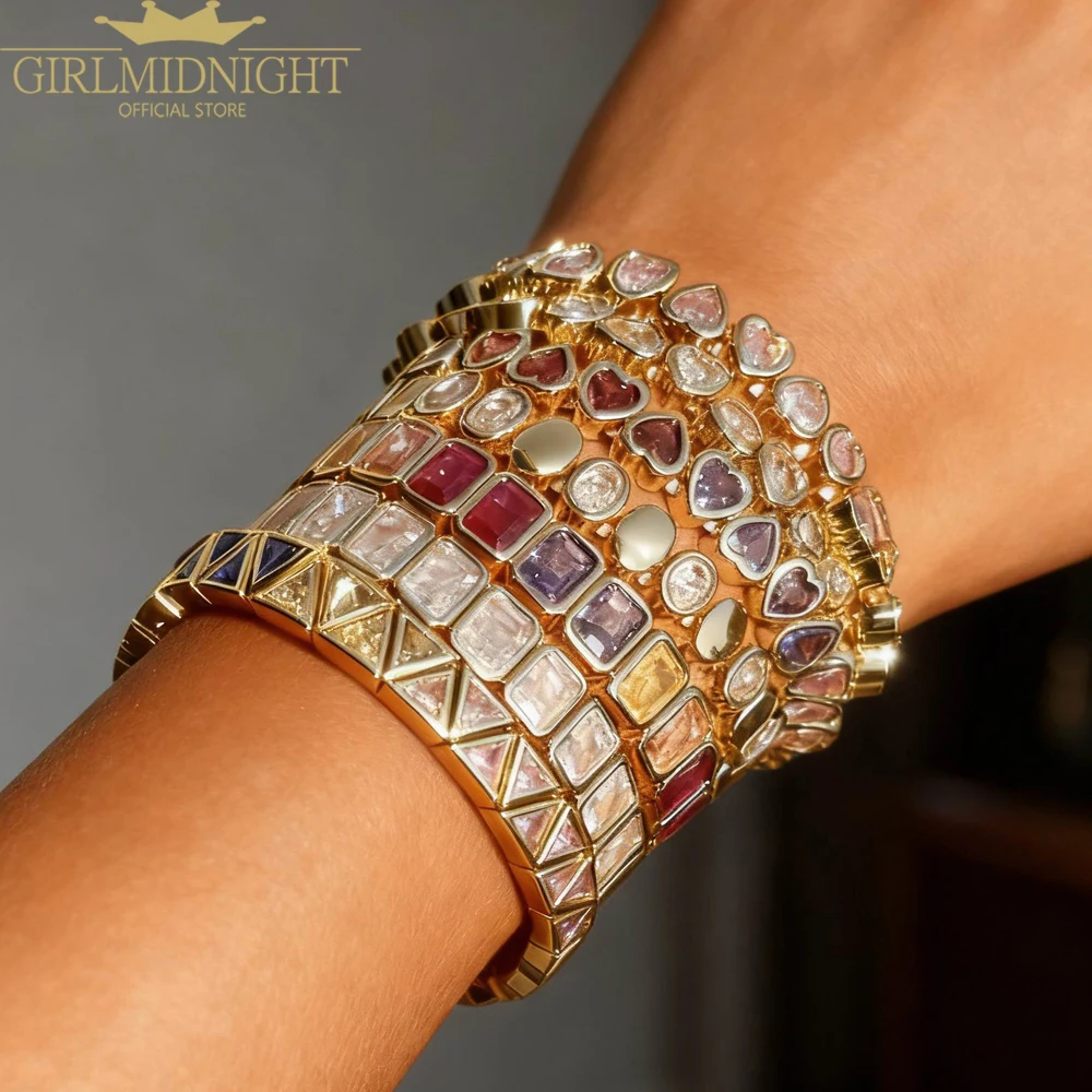 

New Geometric Oval Heart Stretchy Stretch Beaded Bracelet Gold Color Tennis Chain Adjusted Size Bangle For Women Fashion Jewelry
