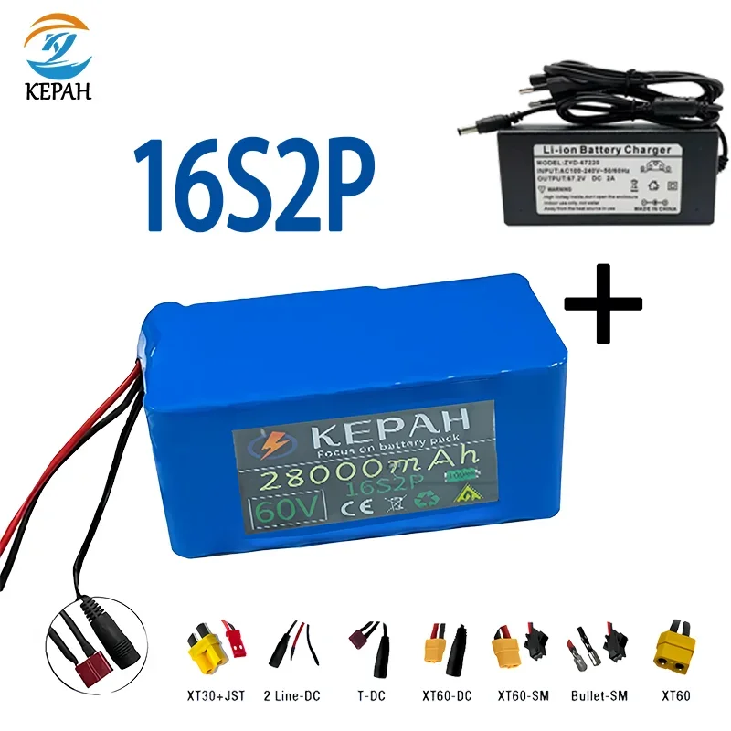 

100% 18650 16S2P li-ion battery pack 28Ah18650 67.2V 750W 1000W suitable for electric bicycles, BMS +2Acharger