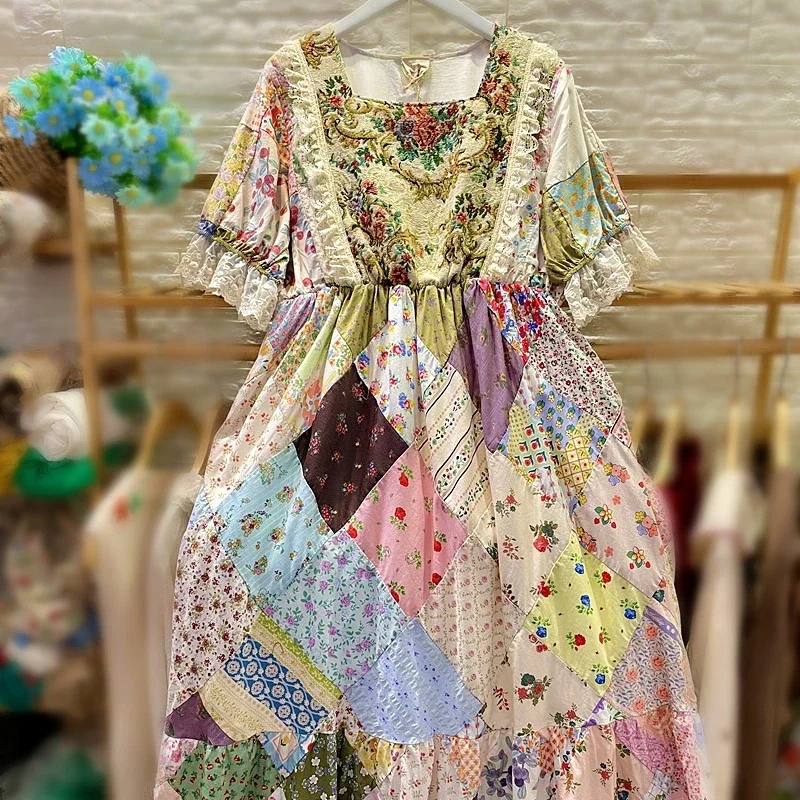 

Cotton Patchwork Jacquard Lace Long Midi Dress Stylish Vintage Retro Rococo Sweet Lolita Victorian Aesthetic Dreamcore Dress