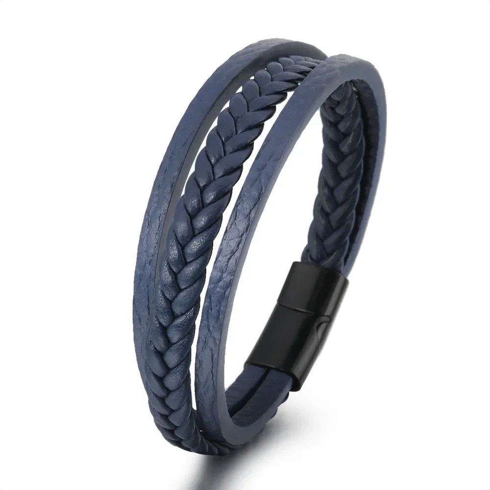 Charmsmic Vintage Tone Mens Brown Leather Bracelet & Bangles Alloy Magnetic Clasp Simple Design Multilayer Hand Jewelry