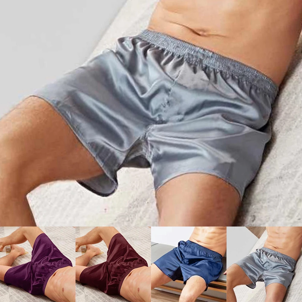 Pijama masculino de seda de cetim, cuecas sexy de seda suave, shorts soltos divididos para homens, shorts de salão L-3XL