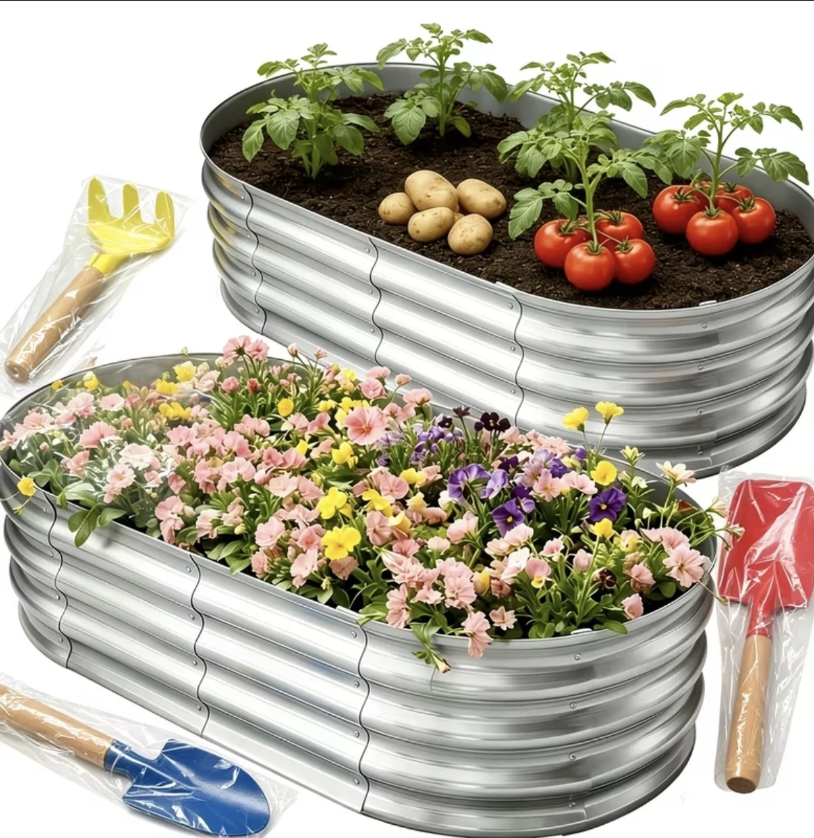 2Pcs Thickened Galvanized Oval Large-Capacity Raised Garden Planter Bed, Multi-Purpose Outdoor Metal Planting Box, Rust Resistant, for Herbs, Vegetables & Fruits