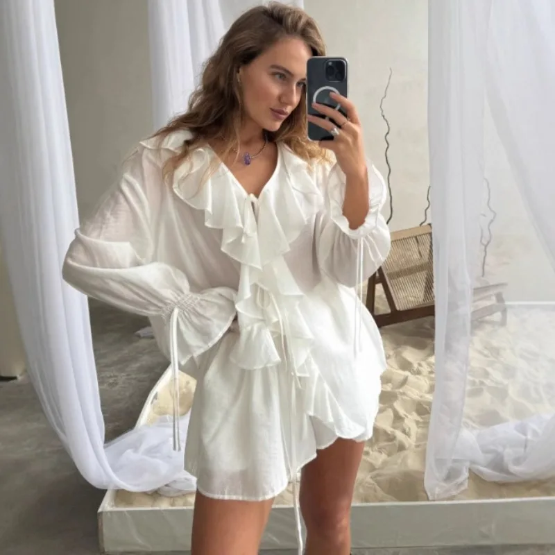 Férias de verão manga longa plissado rendas até chiffon shorts terno feminino casual decote em v sólido solto shorts conjunto 2025 feminino novas roupas