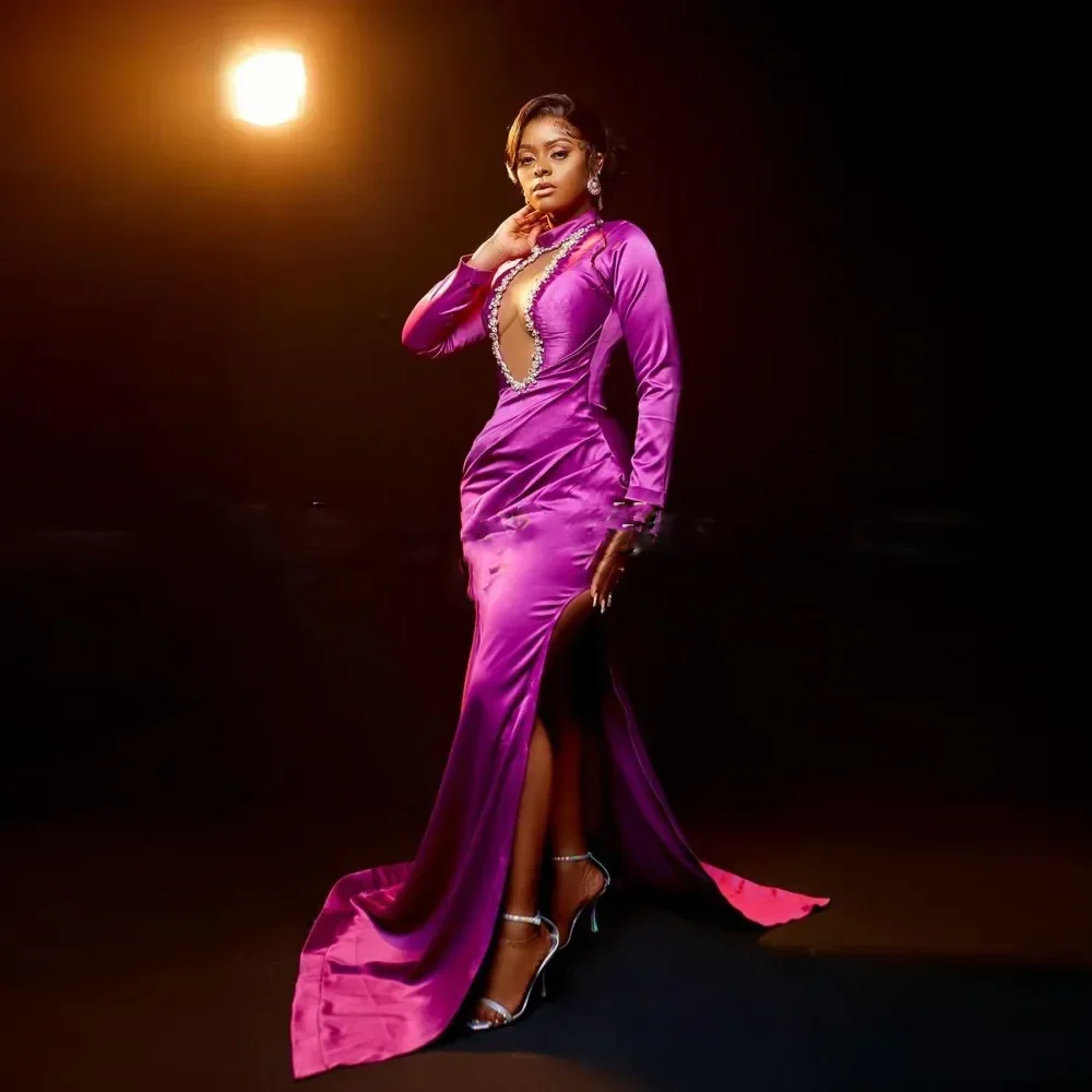 

Индивидуальное вечернее платье цвета фуксии, фасон «русалка», с длинными рукавами, сексуальным вырезом, новый дизайн, с высоким разрезом, расшитое бисером, длинное вечернее платье C