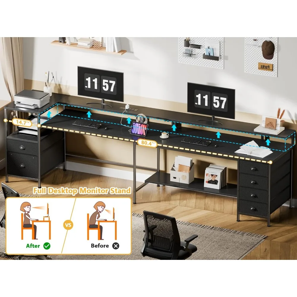 95 Two Person Computer Gaming Desk, Long 2 Person Home Office Desk with 6 Drawers & Storage Shelves, Double Table with