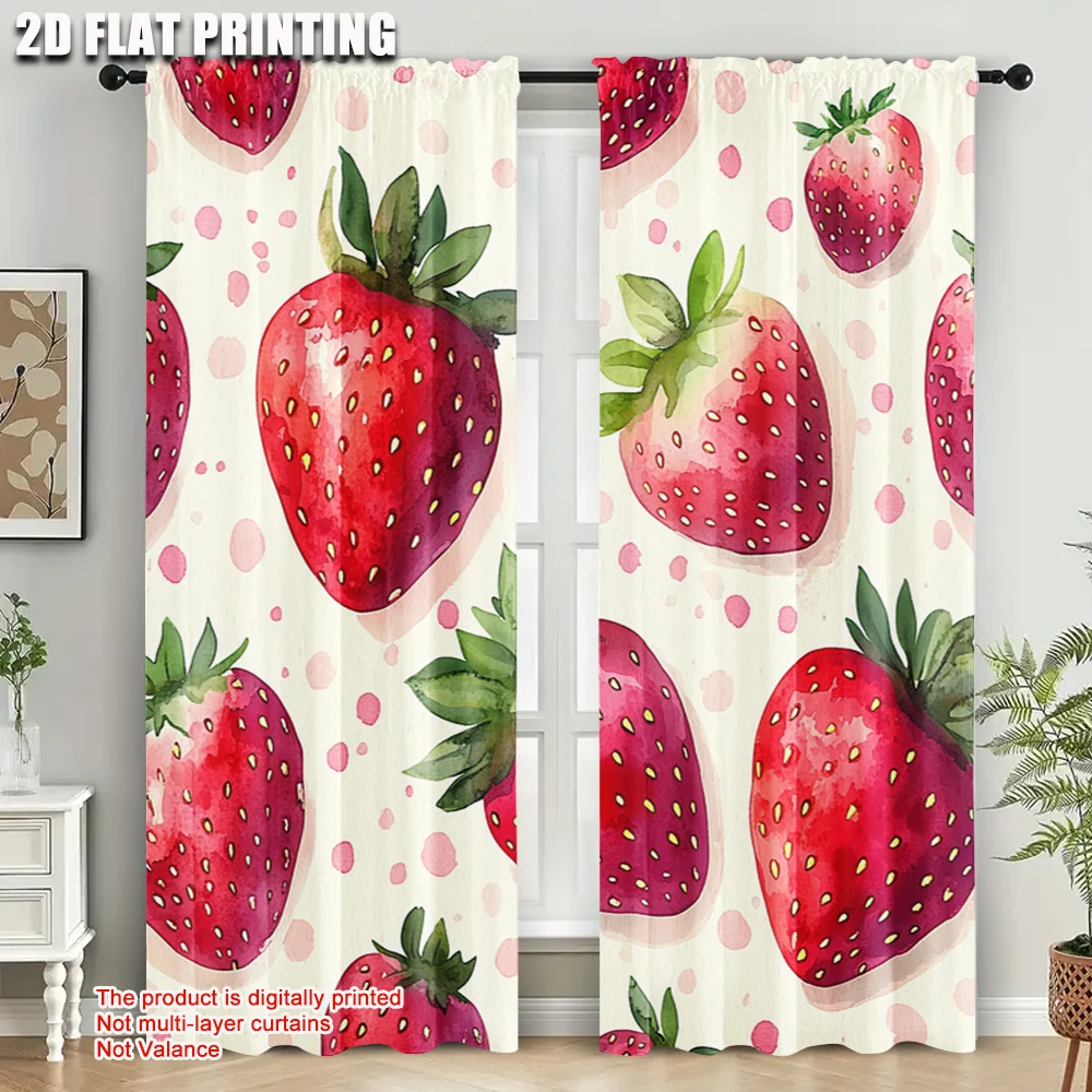 

2pc,2D plane printing Window Curtain Charming watercolor strawberries Durable 100% Polyester Fabric (without rod) Festive for