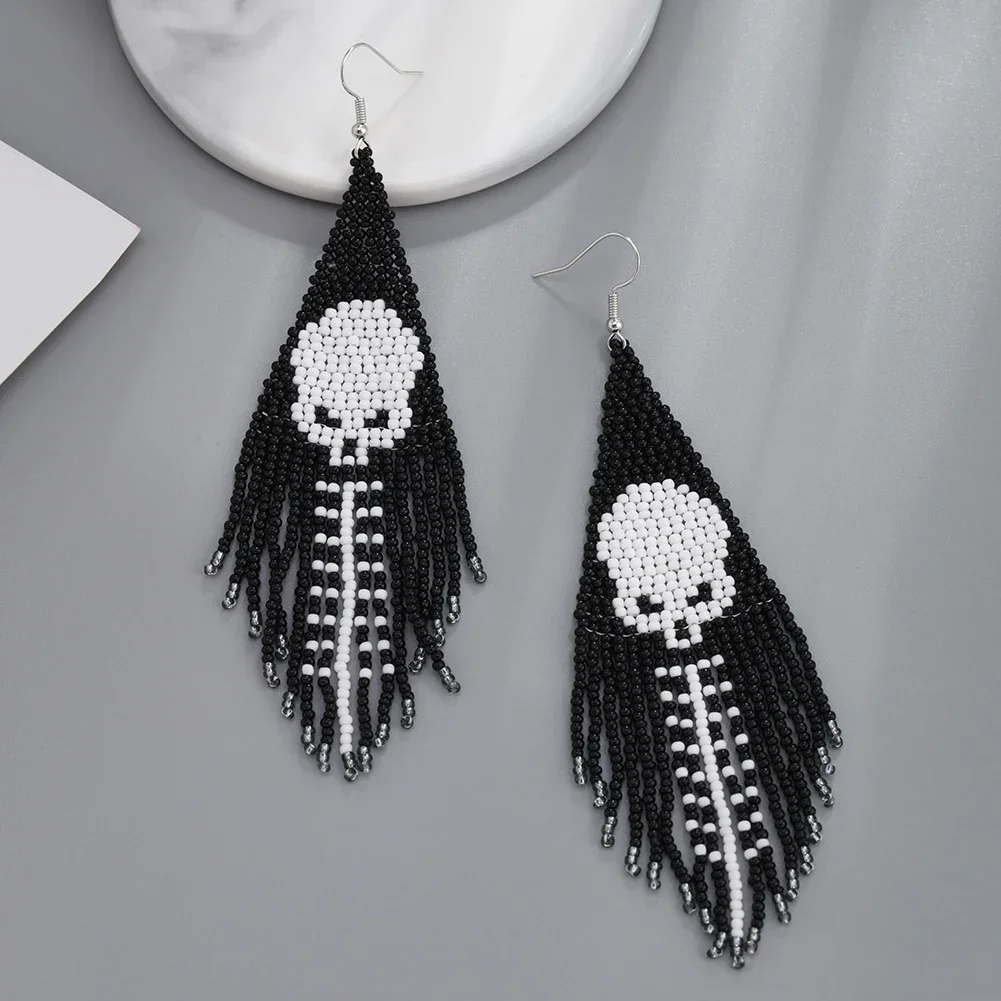 Rice bead earrings Tassel All Saints' Day Play tricks Originality Spider Ghost Hand knitting Skull Bohemia Alloy Beaded earrings