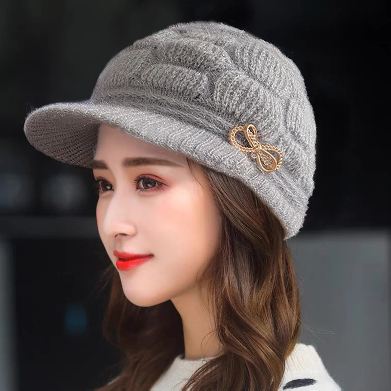 Winter Warm Hat Knitted Hat Casual Fashion Mom Cap Grandmother Hat Plush Thickened Fleece-Lined Warm Wool Christmas Gift