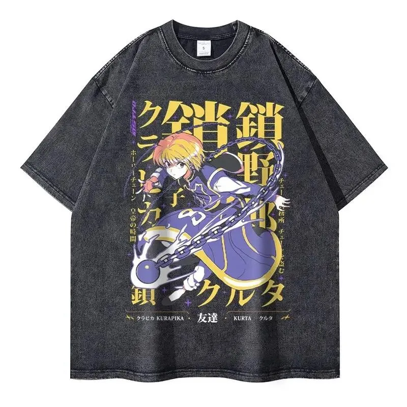 Anime Hunter × Hunter Kurapika GON Killua Graphic Washed T Shirt Men Manga Vintage TShirts Harajuku Male Casual Cotton Tshirt