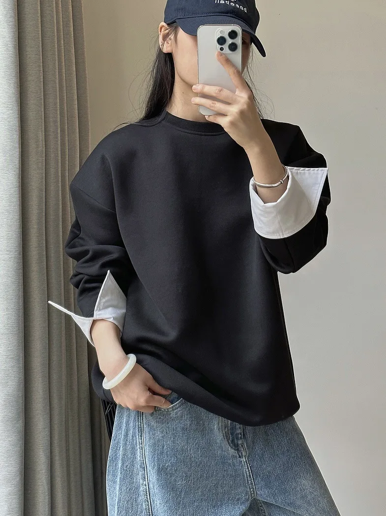 

Spring and Autumn Women's Casual Solid Color Round Neck Long sleeved Loose Sweatshirt