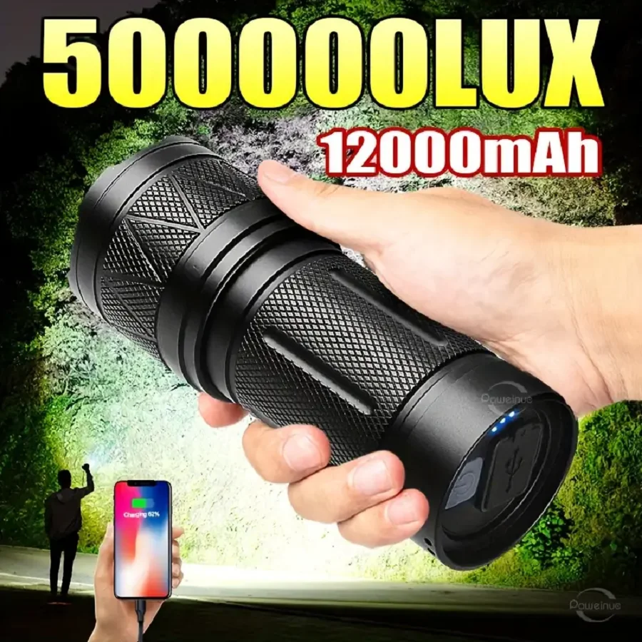 2024 Led Handheld Flashlight Ultra-bright 50000lumens 12000mah Rechargeable Battery Powerful Torch Zoomable Tactical Lantern