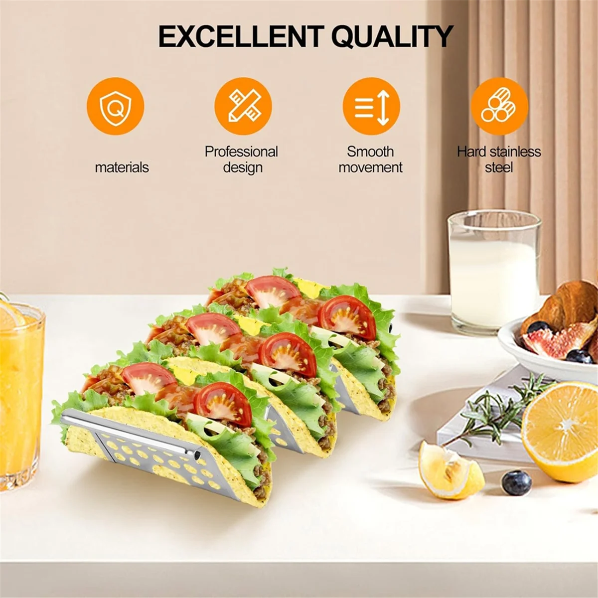 A95I-Taco-Halterständer, 4er-Pack Edelstahlständer mit Griffen, Taco-Tablett für bis zu 3 Tacos, Taco-Rack-Ständer