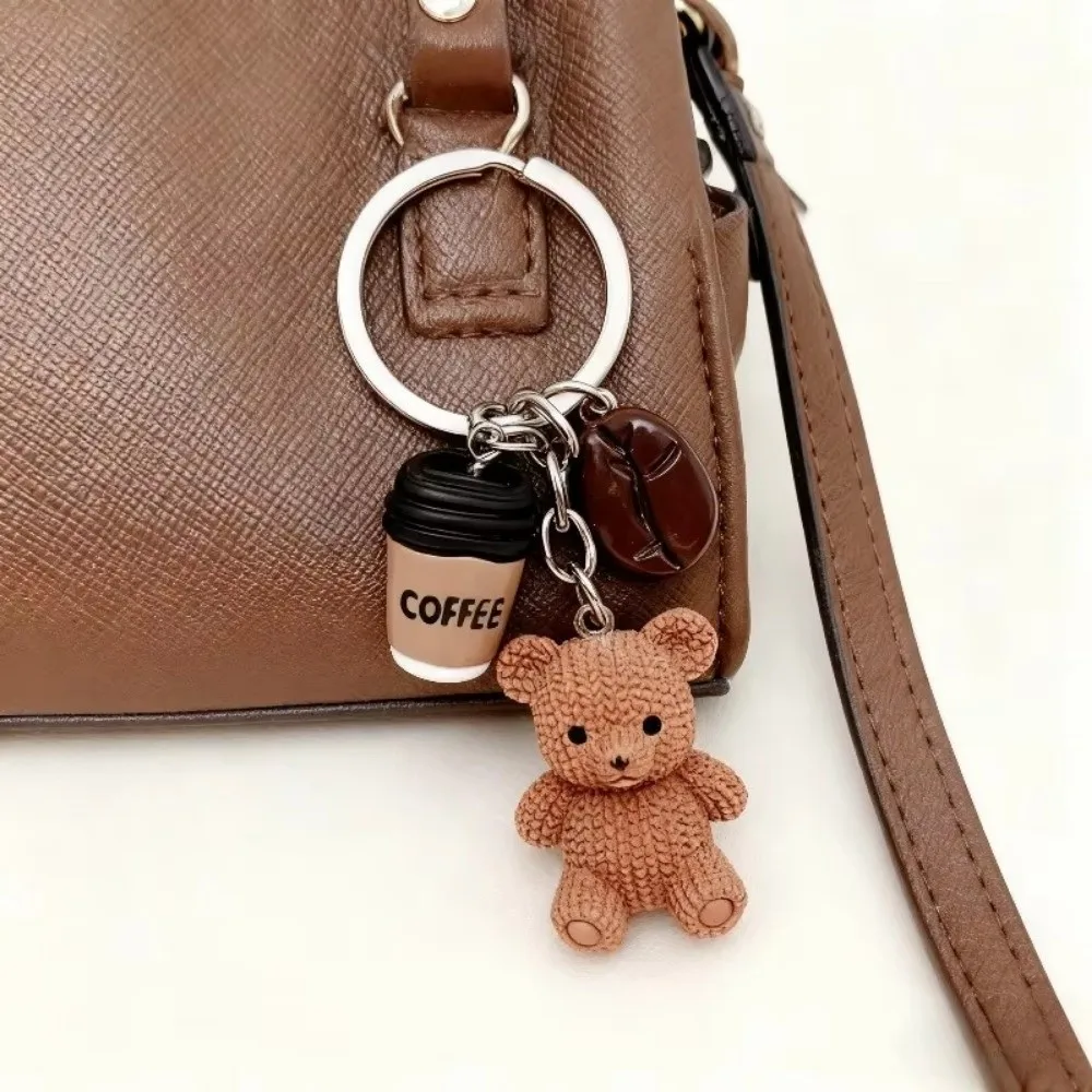 Cute Resin Bear Coffee Keychain Mini Cartoon Pendant Keychain with Metal Ring Closure Bag Charm Birthday Party Favors
