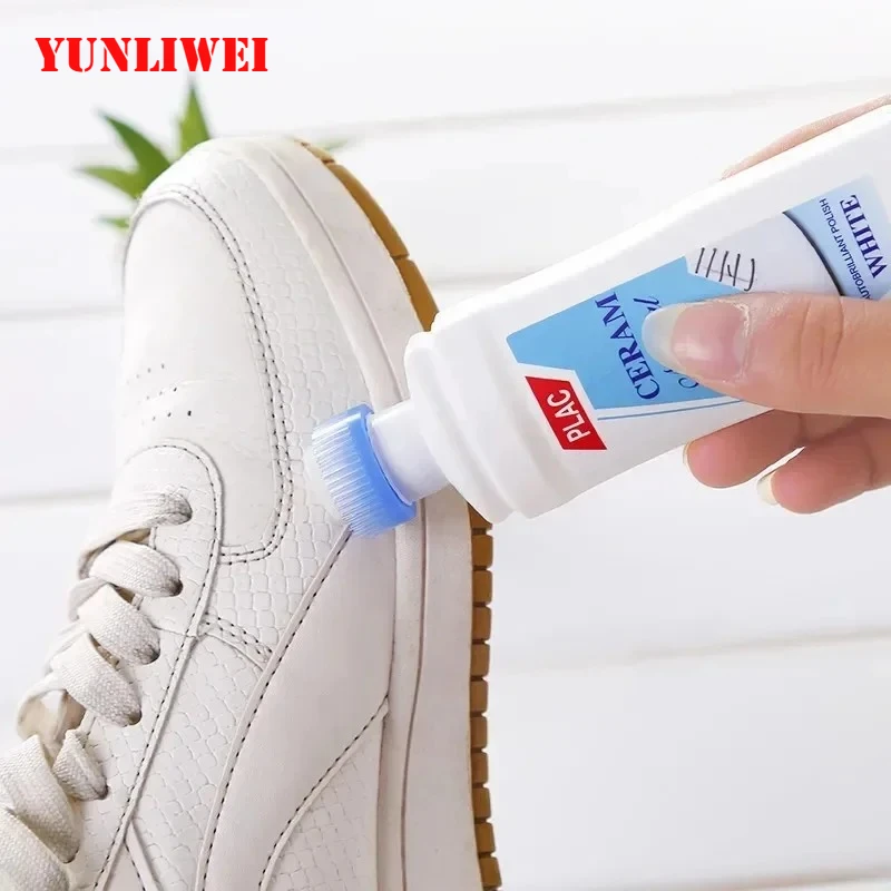 Limpiador de zapatos blanco, crema pulidora blanqueadora ecológica con esponja de cepillo, quitamanchas rápido para zapatillas de cuero, lona de gamuza C