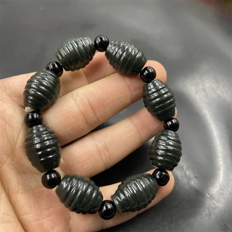 Natural Green Threaded , Hetian Jade Tube Bead Bracelet, Vintage Ethnic Style