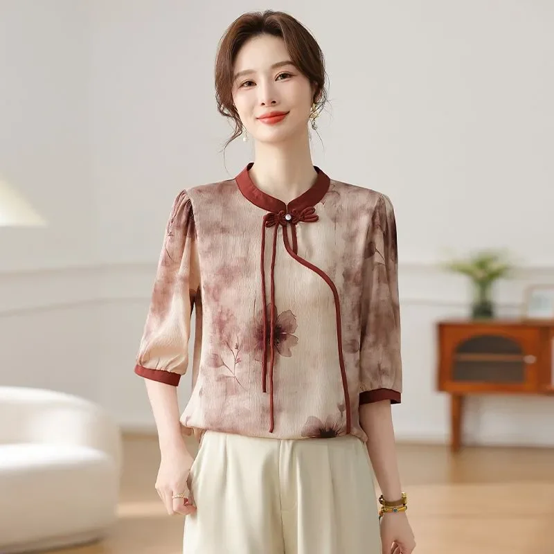 

Women's New Chinese Style Chiffon Blouse Summer Middle-Aged 3/4 Sleeve Elegant Top