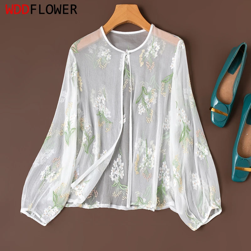 100% Mulberry Silk White Floral Embroidery Thin Type One-button Women Long Sleeve Cardigan Blouse Top Shirt Summer M1606