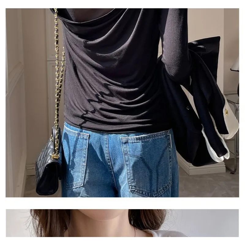 Camicia con fondo grigio T-shirt a maniche lunghe con scollo tondo in rete per donna Top con fondo temperamento a maniche lunghe senza schienale con cuciture