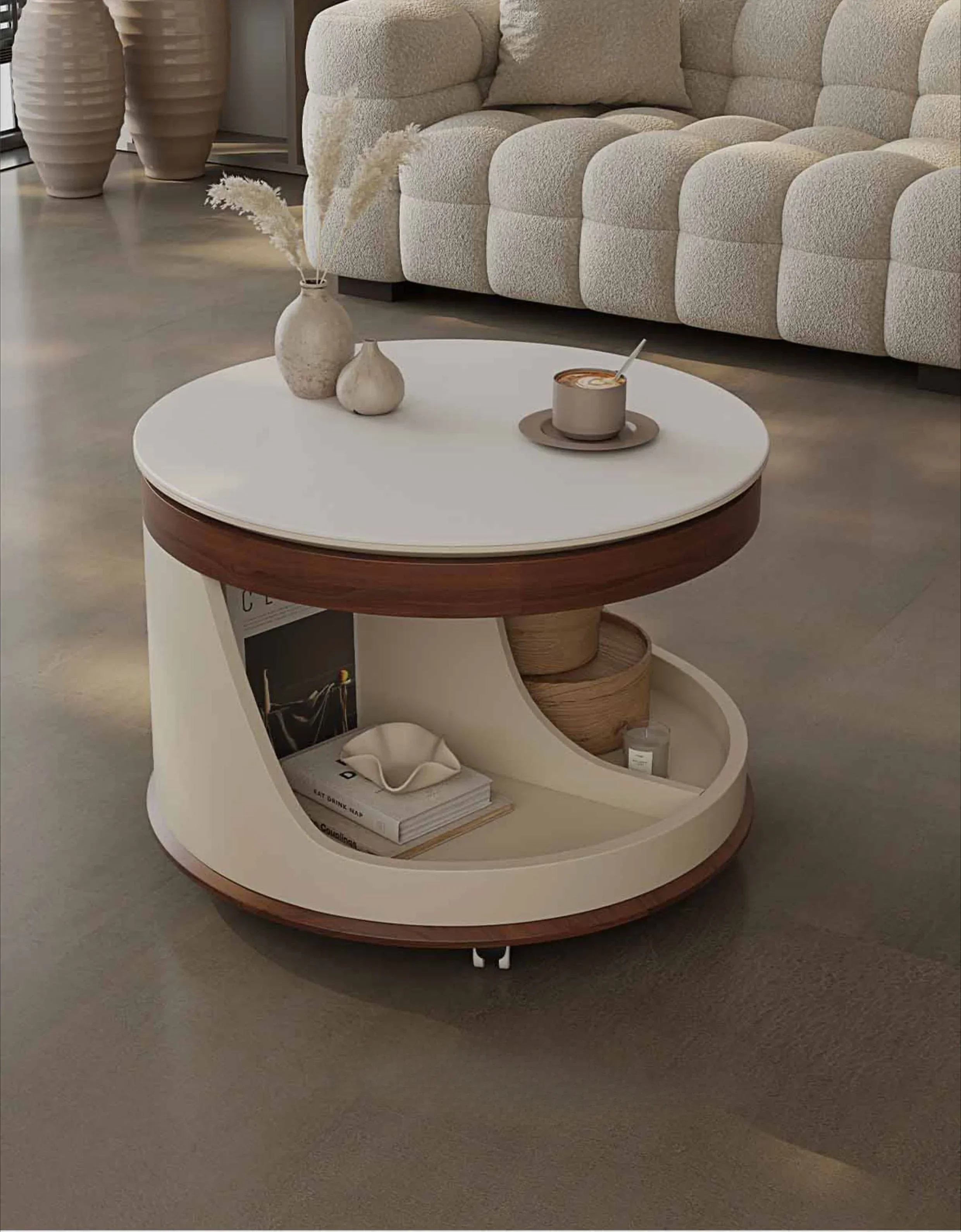 

Round movable coffee table, living room, sofa side, lifting storage cart