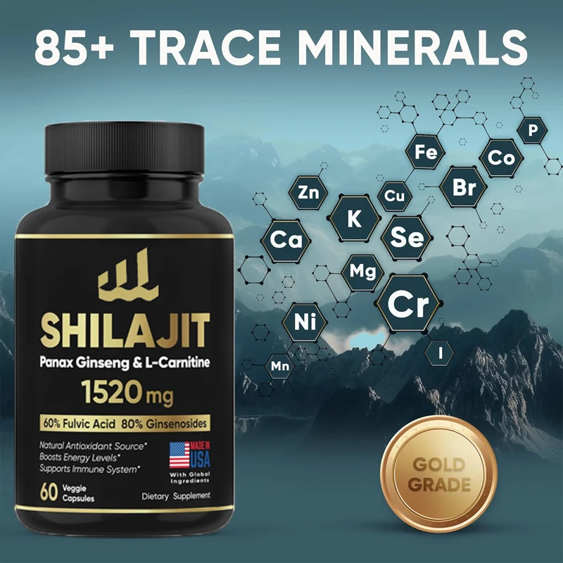 Pure Himalayan Shilajit Supplement 60% Fulvic Acid Made in the United States 85 Trace Minerals, Contains Ginseng and L-Carnitine