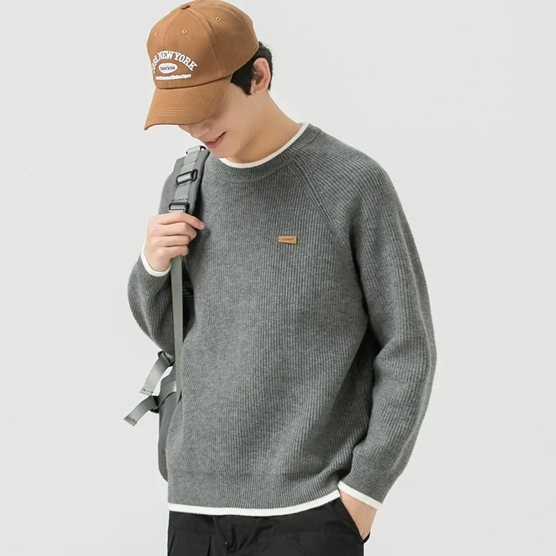 ゆったりとしたニットプルオーバー,男性用,シックなパッチワーク,韓国スタイル,オールマッチ,長袖,ラウンドネック,若者向け,秋冬