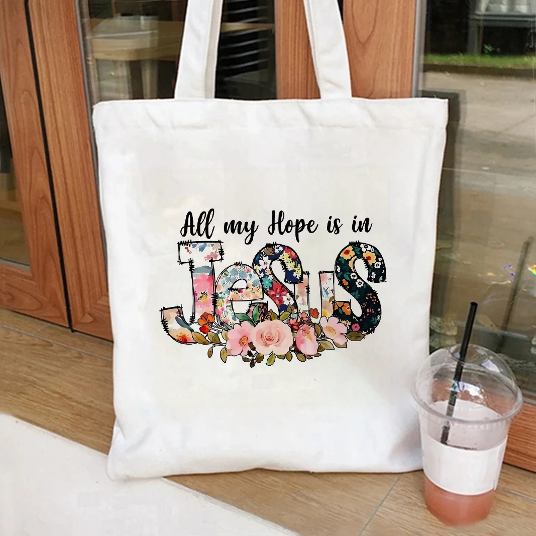 

All My Hope Is in Jesus Pattern Canvas Tote Bag Faith Jesus Sublimation Designs Shopping Bag Religious Large Capacity Handbag