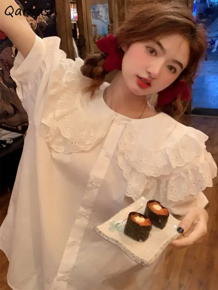 

Peter Pan Collar Shirts Women Sweet Loose Summer Elegant Young Streetwear Puff Sleeve Popular Korean Style Basics Vacation Y2k