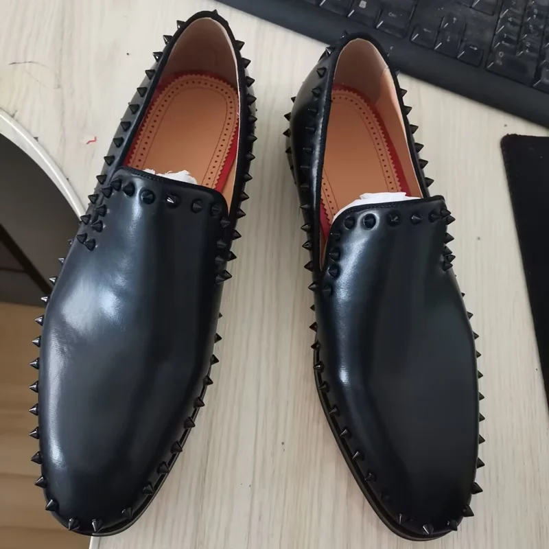 New Black Leather Shoes Men Spiked Loafers Handmade Slip On Mens Rivet Shoes Breathable Flats Casual Shoes