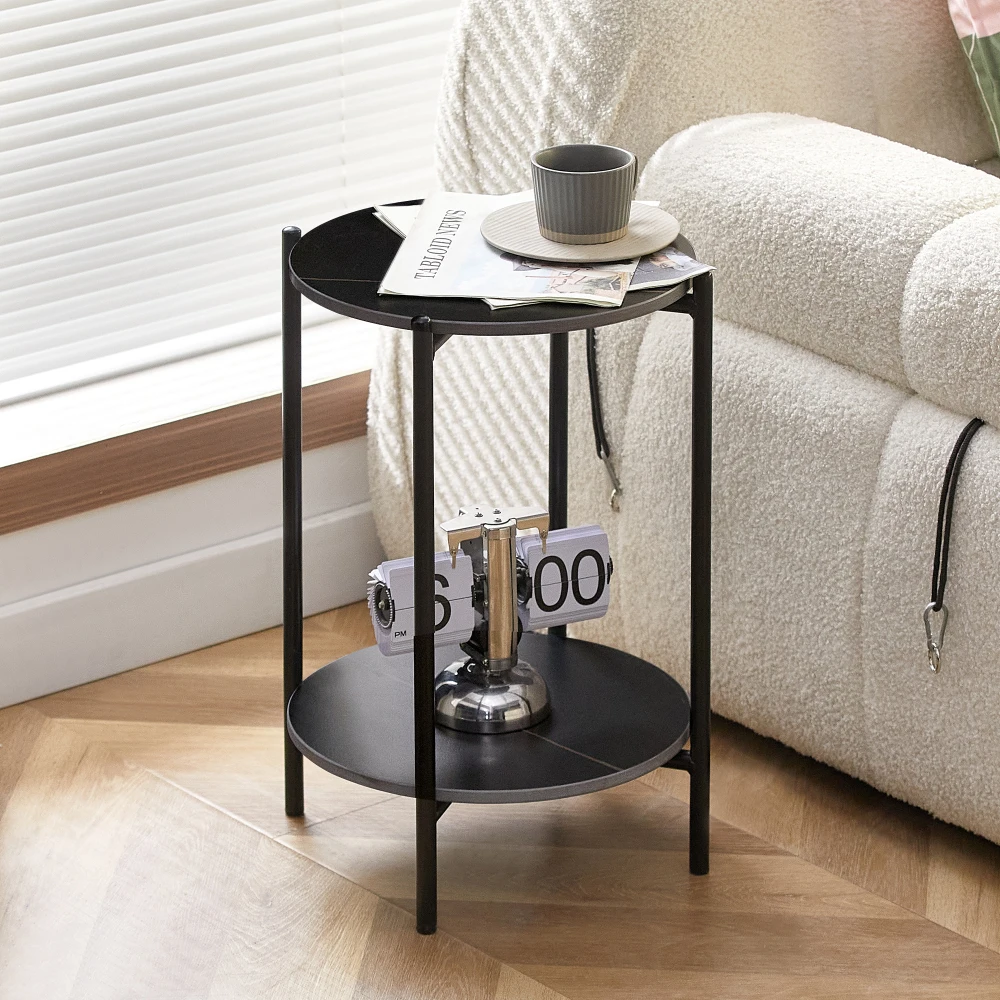 

2-layer End Table with Whole Marble Tabletop, Round Coffee Table with Black Metal Frame for Bedroom Living Room Office